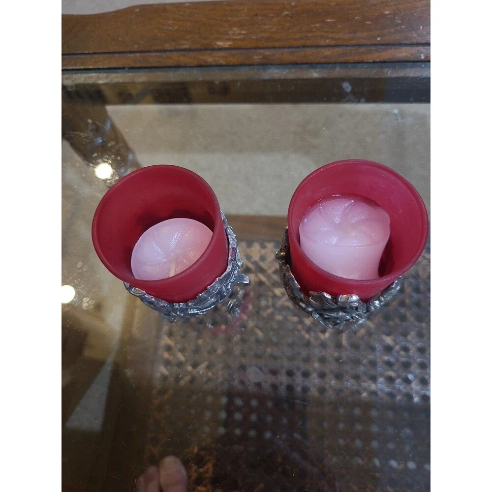 Lenox Kirk Stieff Pewter Holiday Hollyberries Pillar Candle Holder Set Of 2